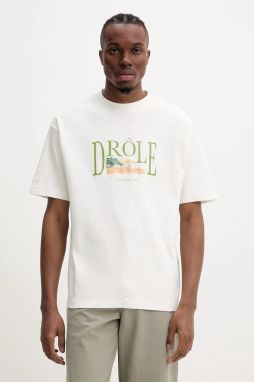 Bavlnené tričko Drôle de Monsieur Le T-Shirt Tennis Court pánske, béžová farba, s potlačou, G-TS246-CO002-OW