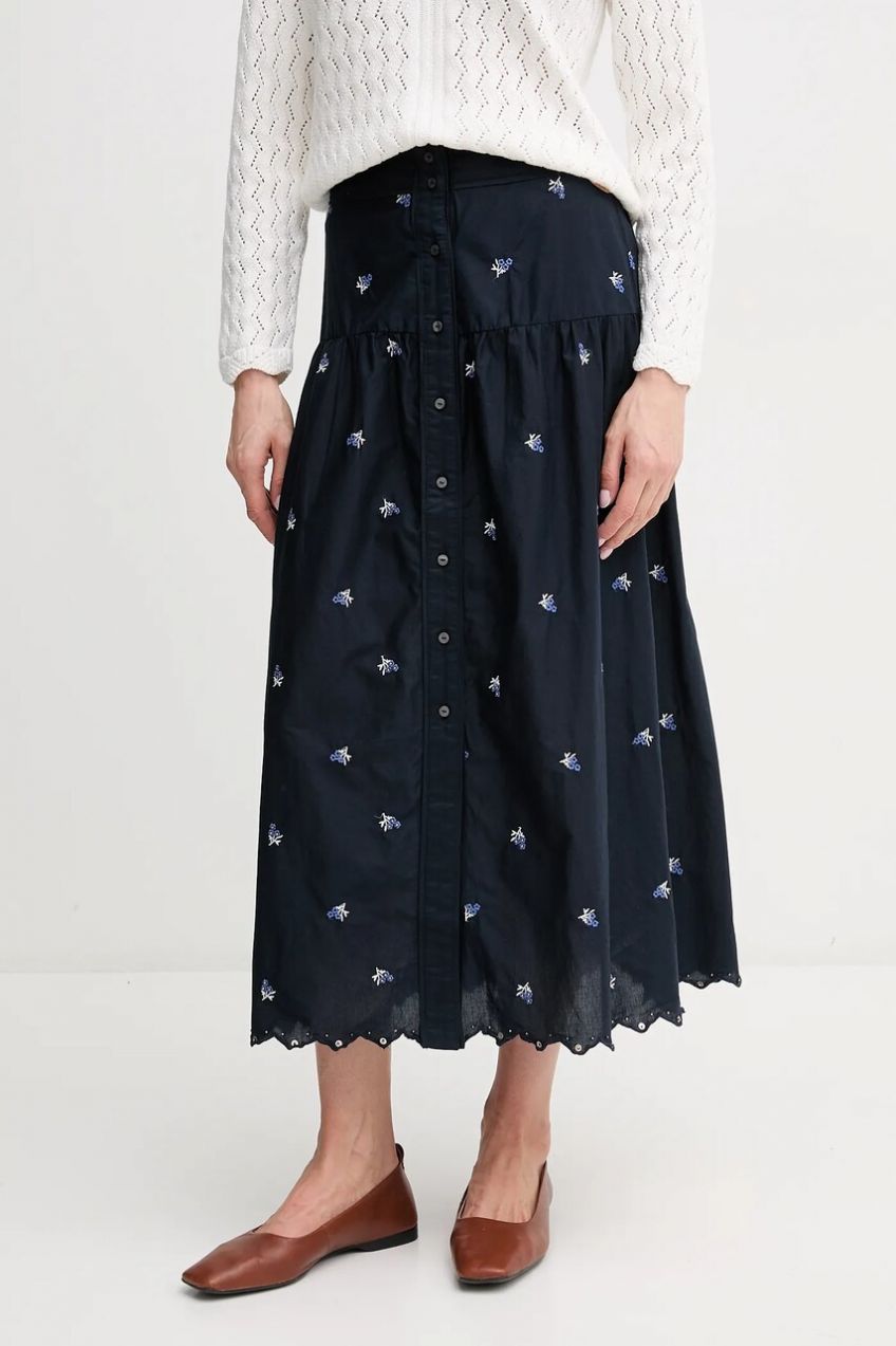 Bavlnená sukňa Pepe Jeans EVEN tmavomodrá farba, midi, áčkový strih, PL901217