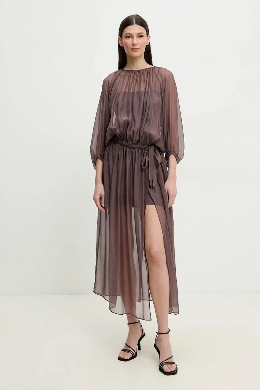 Hodvábne šaty ISABELLE BLANCHE hnedá farba, maxi, áčkový strih, IS25SS-A033-T024