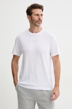 Tričko s prímesou ľanu Calvin Klein biela farba, s potlačou, KM0KM01138