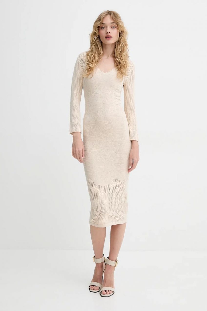 Šaty Blugirl Blumarine béžová farba, midi, priliehavé, RA5012.MS99E