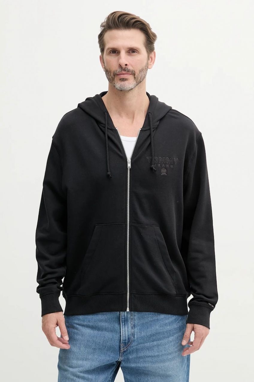 Bavlnená mikina Tommy Jeans čierna farba, s kapucňou, s nášivkou, DM0DM20835