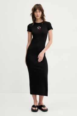 Šaty Tommy Jeans čierna farba, midi, priliehavé, DW0DW20384
