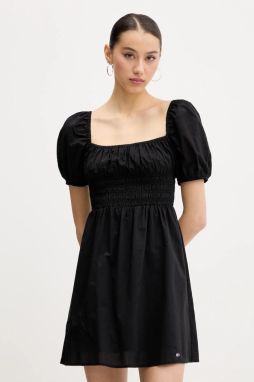 Bavlnené šaty Tommy Jeans čierna farba, mini, áčkový strih, DW0DW21334