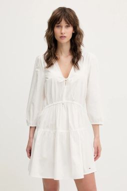 Bavlnené šaty Tommy Jeans biela farba, mini, áčkový strih, DW0DW20341