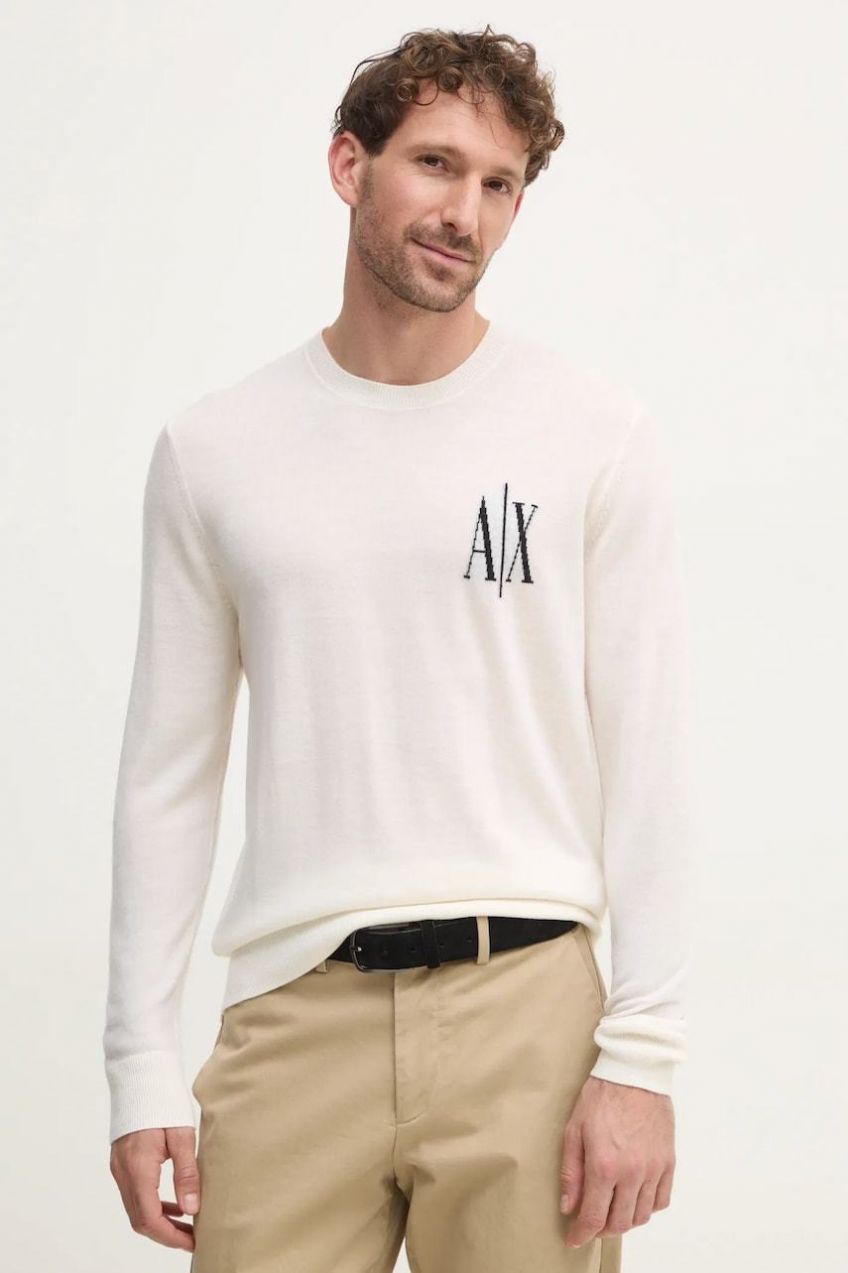 Vlnený sveter Armani Exchange pánsky, béžová farba, tenký