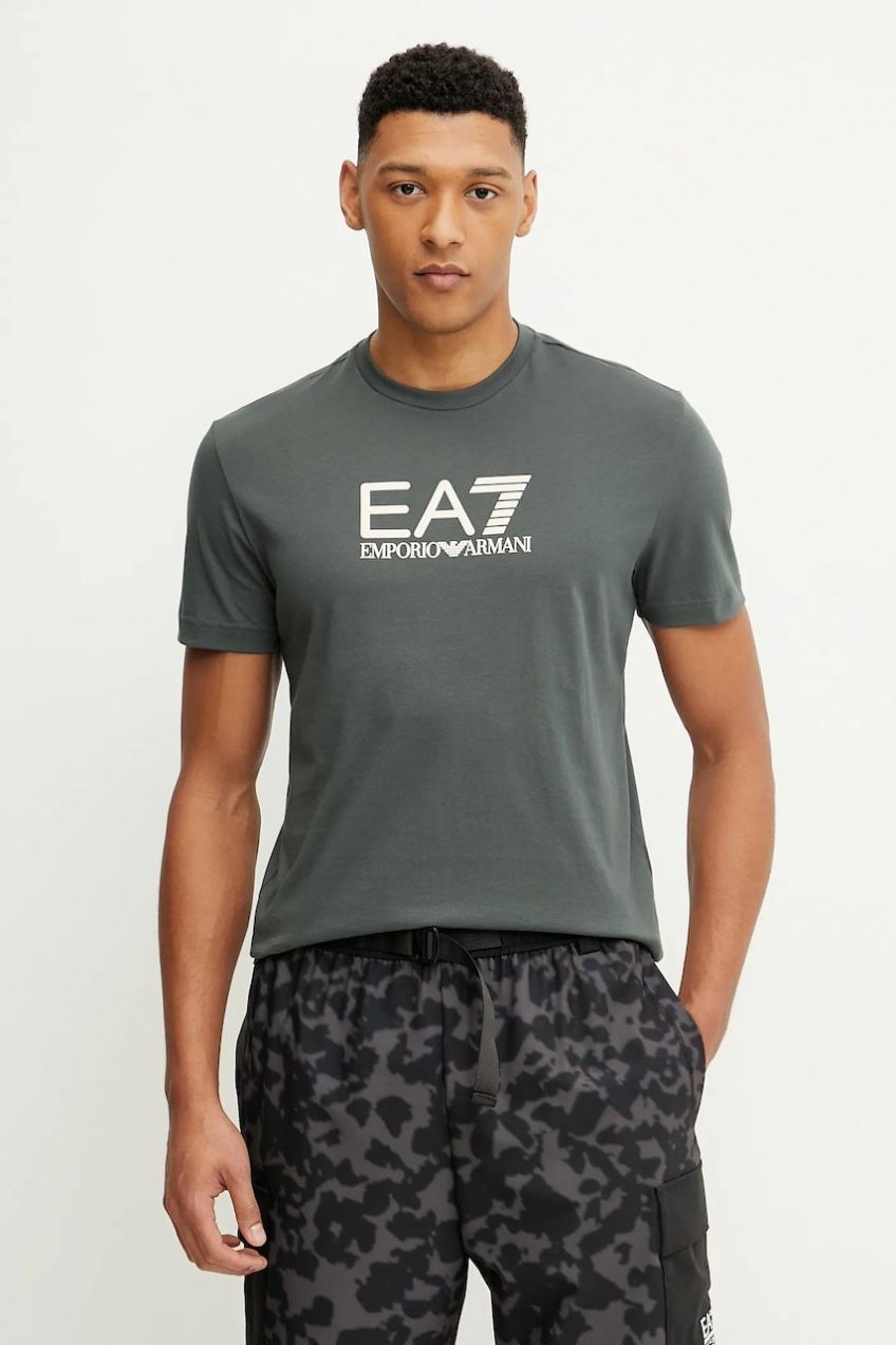Bavlnené tričko EA7 Emporio Armani pánske, šedá farba, s potlačou, AF10375.7M000224