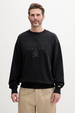 Bavlnená mikina Tommy Jeans pánska, čierna farba, s nášivkou, DM0DM20827
