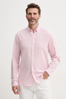 Ľanová košeľa Lindbergh ružová farba, voľný strih, s golierom button-down, 30-203344B