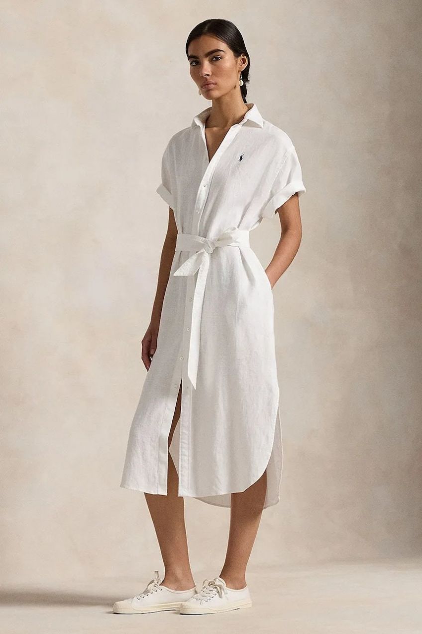 Ľanové šaty Polo Ralph Lauren biela farba, midi, rovný strih, 211959912