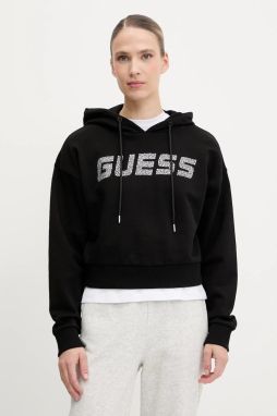 Bavlnená mikina Guess PRIMULA dámska, čierna farba, s kapucňou, s nášivkou, V5GQ09 KCRP0
