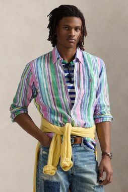 Ľanová košeľa Polo Ralph Lauren zelená farba, regular, s golierom button-down, 710968973
