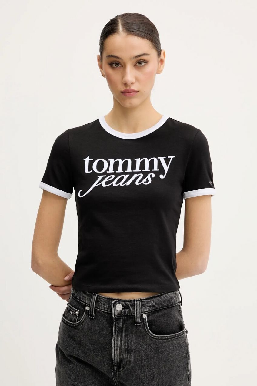 Bavlnené tričko Tommy Jeans dámske, čierna farba, DW0DW20631