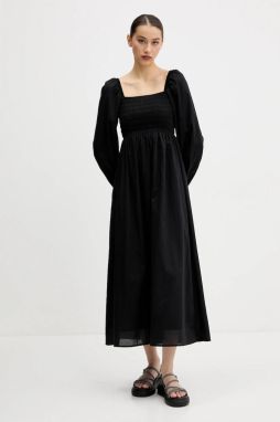 Bavlnené šaty Tommy Jeans čierna farba, midi, áčkový strih, DW0DW21335