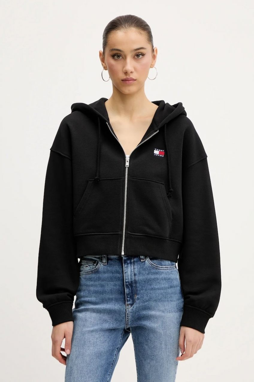Bavlnená mikina Tommy Jeans čierna farba, s kapucňou, s nášivkou, DW0DW21355