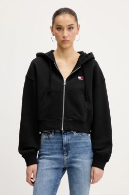 Bavlnená mikina Tommy Jeans čierna farba, s kapucňou, s nášivkou, DW0DW21355