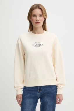 Bavlnená mikina Tommy Hilfiger béžová farba, s nášivkou, WW0WW44631