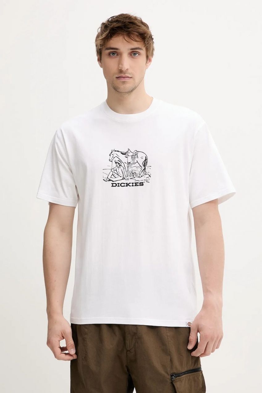 Bavlnené tričko Dickies pánske, biela farba, s potlačou, DK0A4Z910WH1
