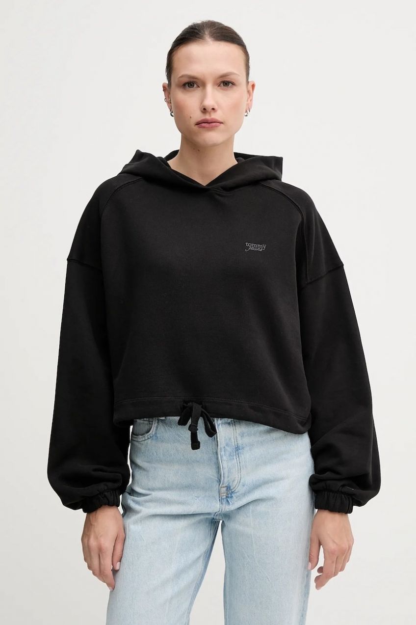 Bavlnená mikina Tommy Jeans čierna farba, s kapucňou, jednofarebné, DW0DW20314