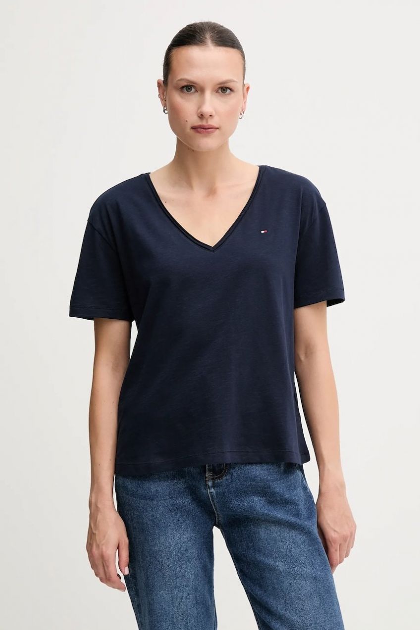 Bavlnené tričko Tommy Hilfiger dámske, tmavomodrá farba, WW0WW43901