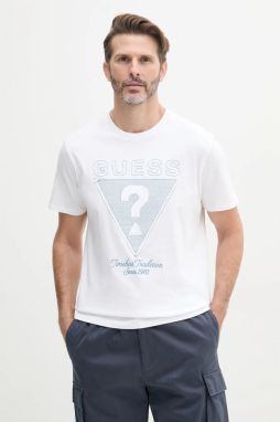 Bavlnené tričko Guess pánske, biela farba, s potlačou, M5GI29 KBW41