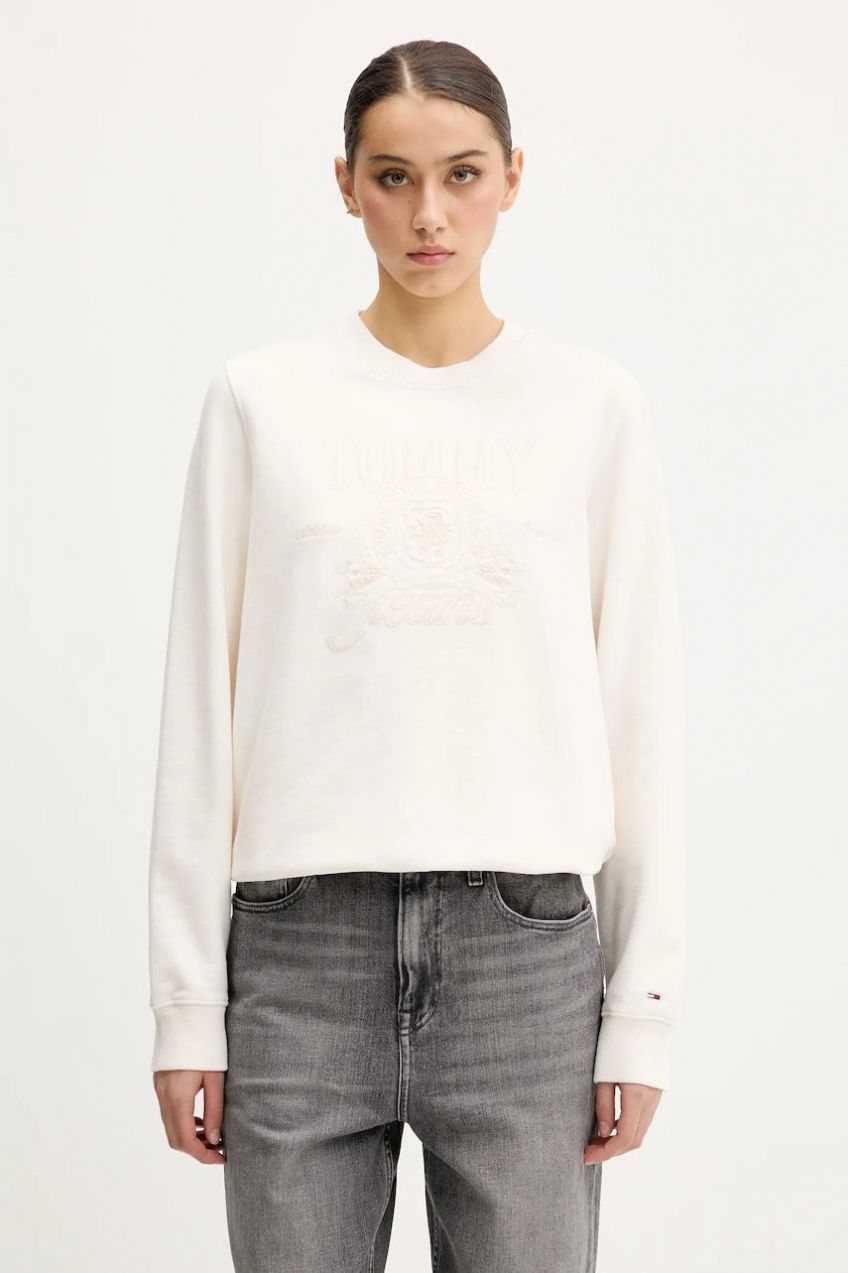 Bavlnená mikina Tommy Jeans béžová farba, s nášivkou, DW0DW20637