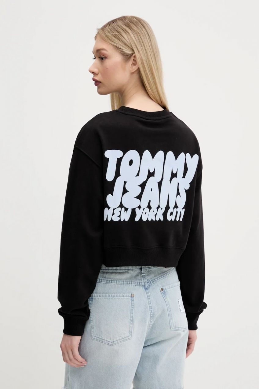 Bavlnená mikina Tommy Jeans čierna farba, s potlačou, DW0DW21345