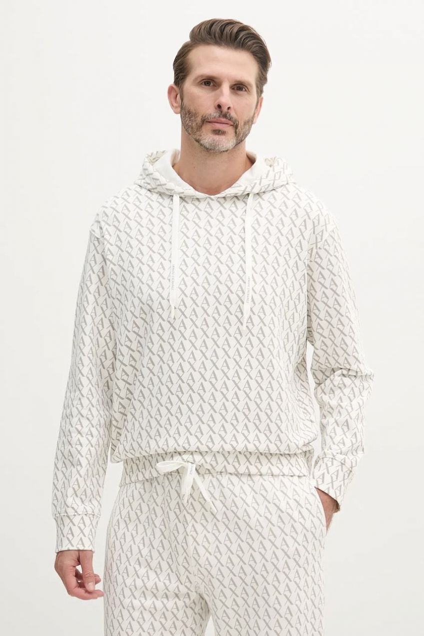 Bavlnená mikina Armani Exchange biela farba, s kapucňou, vzorovaná, XM001225 AF11847