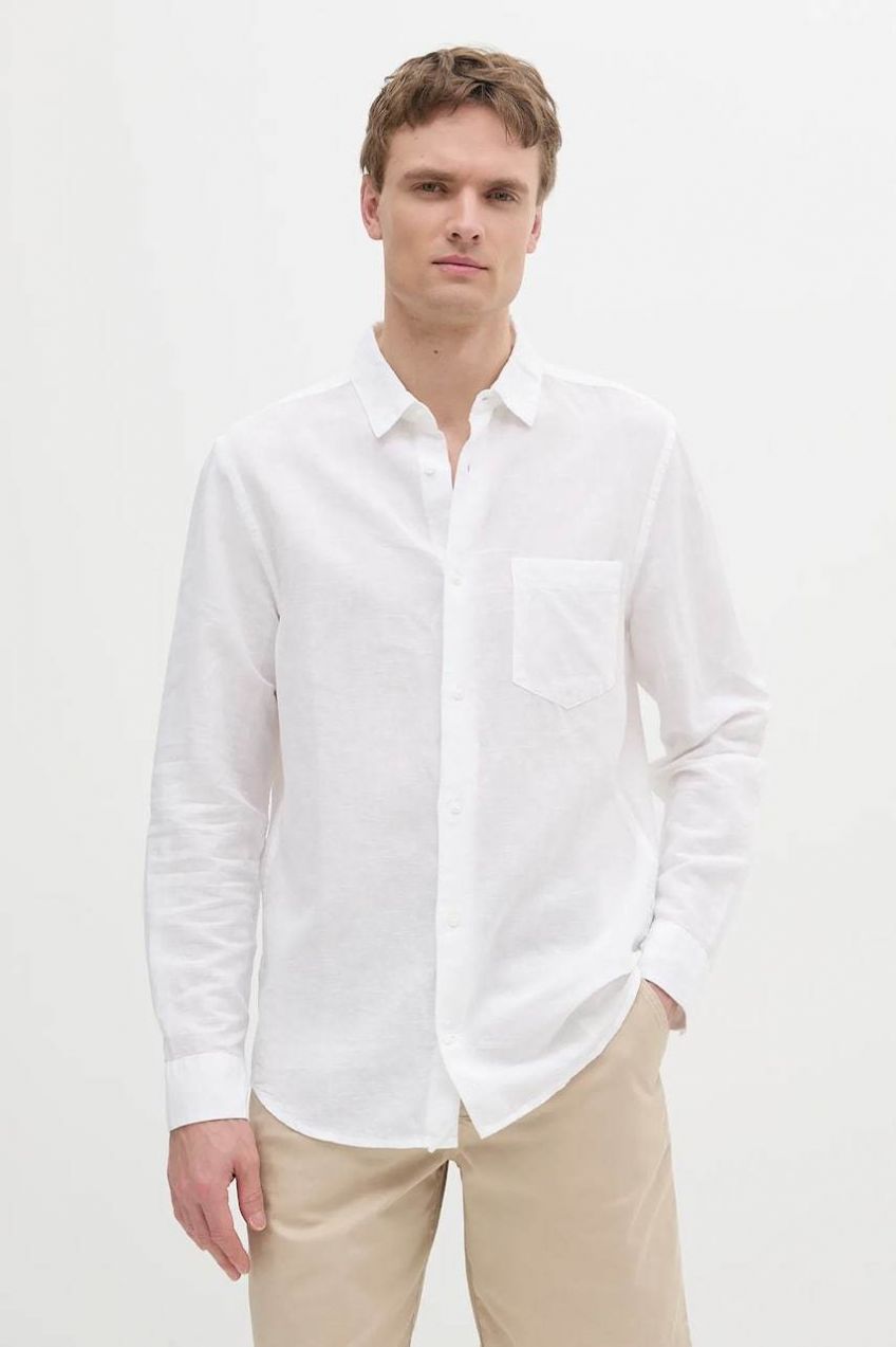Ľanová košeľa Calvin Klein biela farba, regular, s klasickým golierom, K10K114488