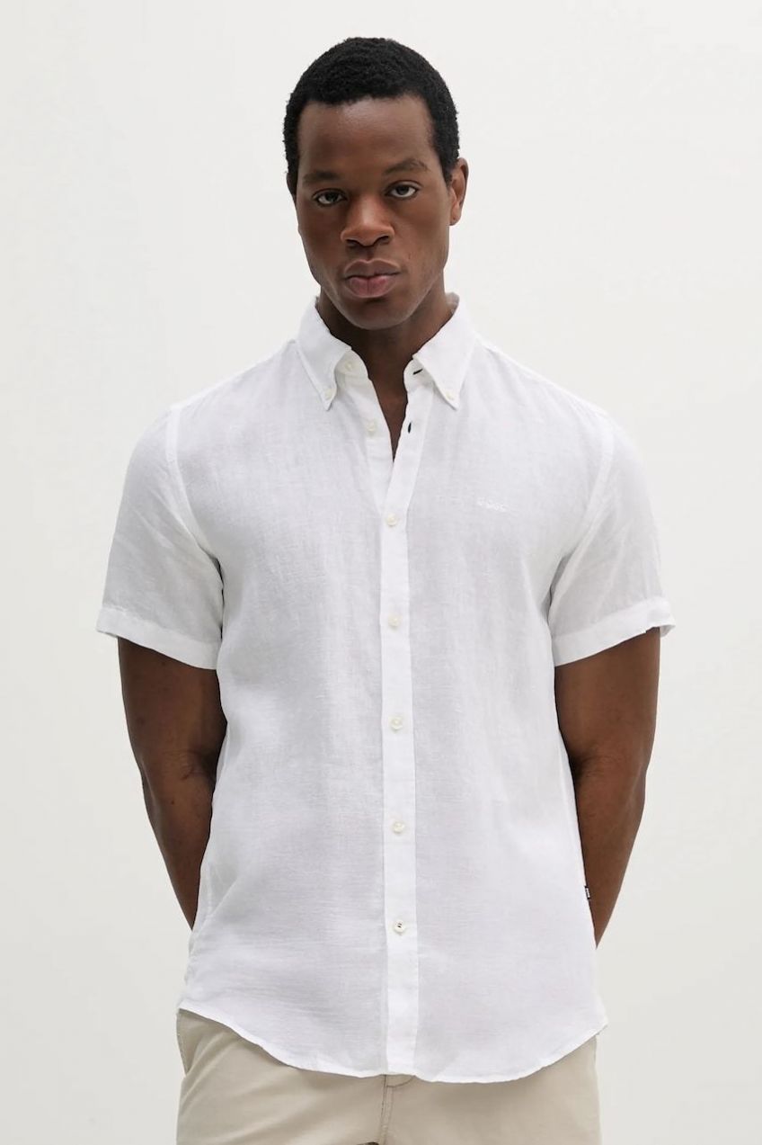 Ľanová košeľa BOSS pánska, biela farba, slim, s golierom button-down, 50539352