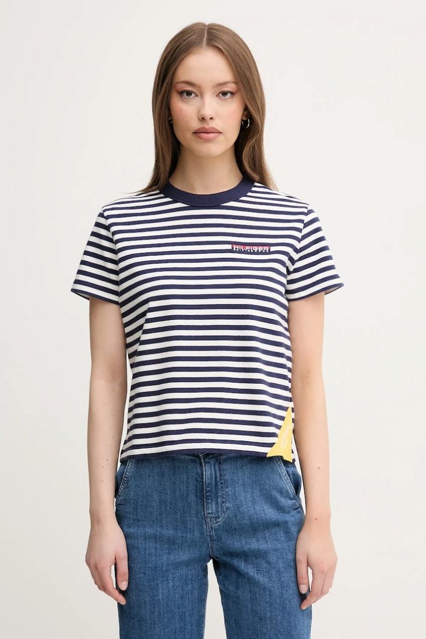 Bavlnené tričko Tommy Hilfiger SAILING dámske, tmavomodrá farba, WW0WW45935