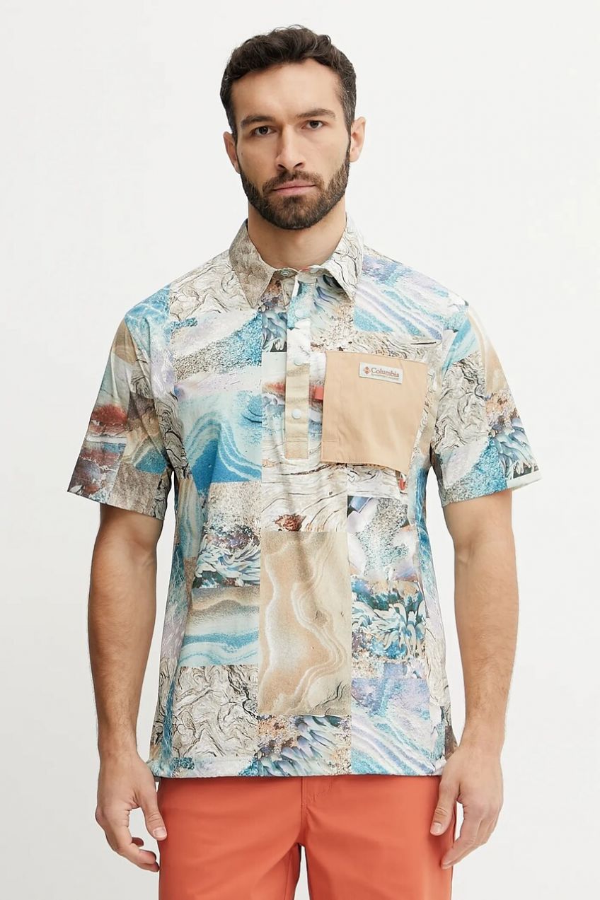 Polo tričko Columbia Cove Beach pánske, béžová farba, vzorované, 2126491