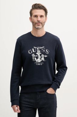 Bavlnená mikina Guess tmavomodrá farba, s potlačou, M5GQ07 KCS31