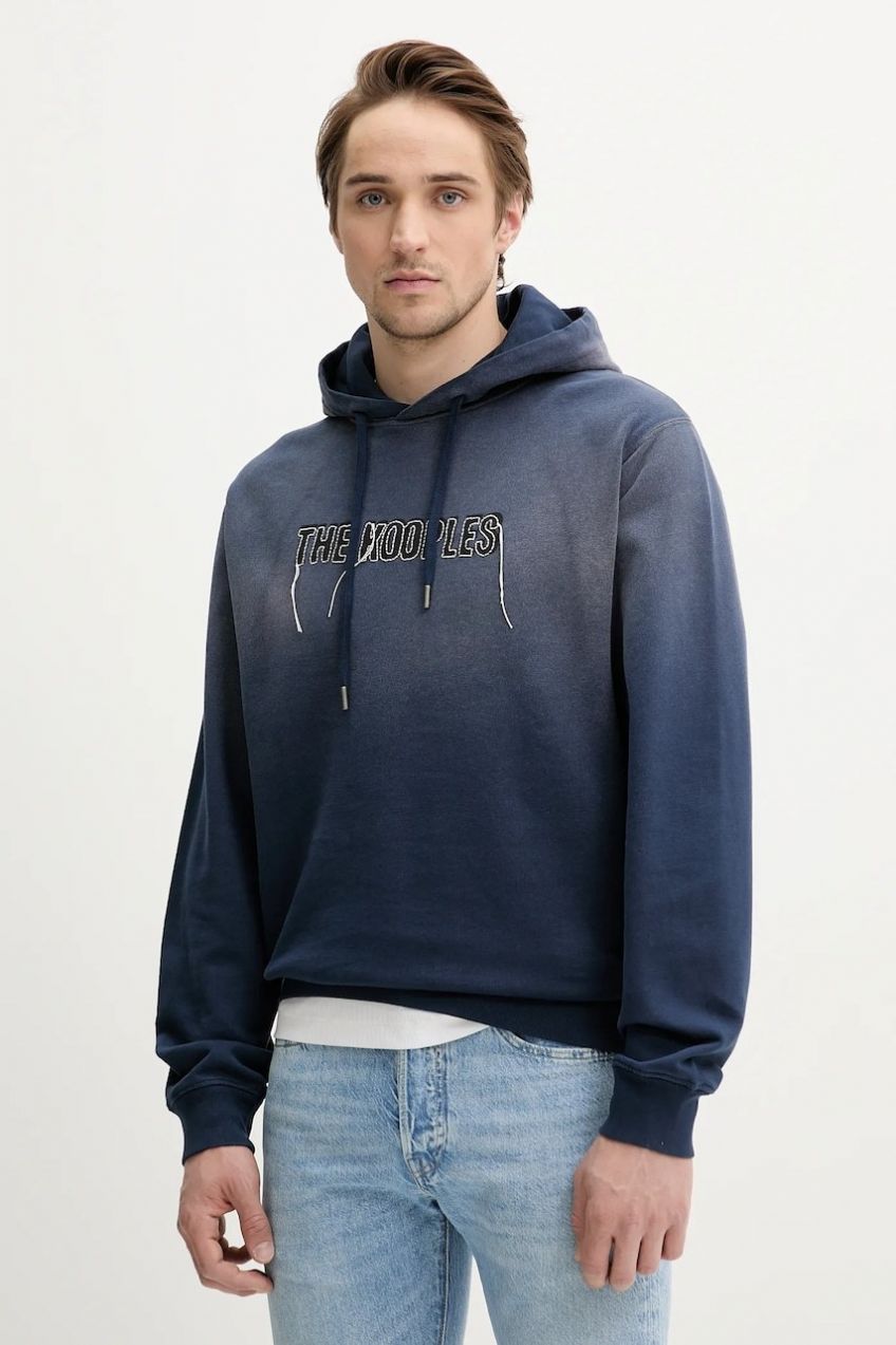 Bavlnená mikina The Kooples tmavomodrá farba, s kapucňou, s nášivkou, HSWE30019K