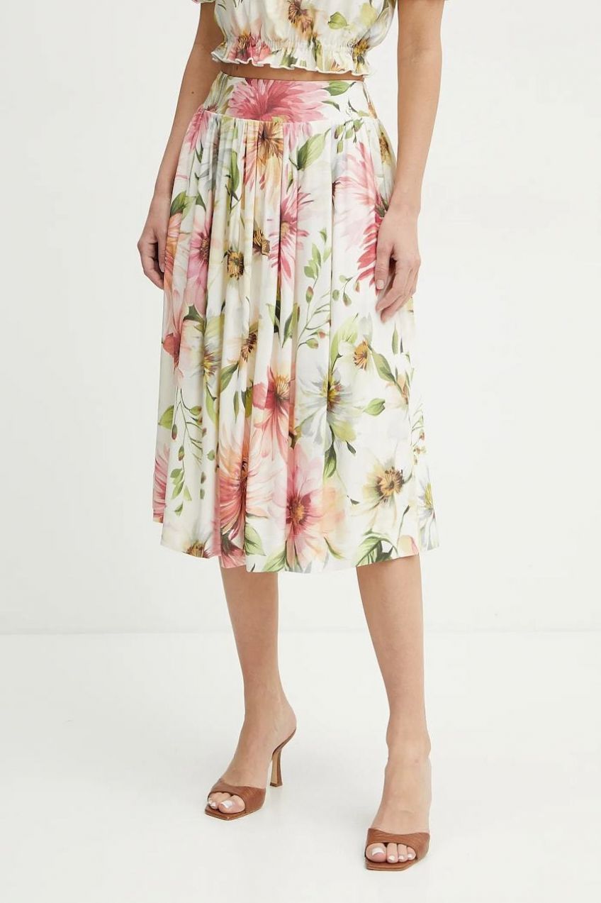 Sukňa Guess ELODIE béžová farba, midi, áčkový strih, W5GD64 WH4S2