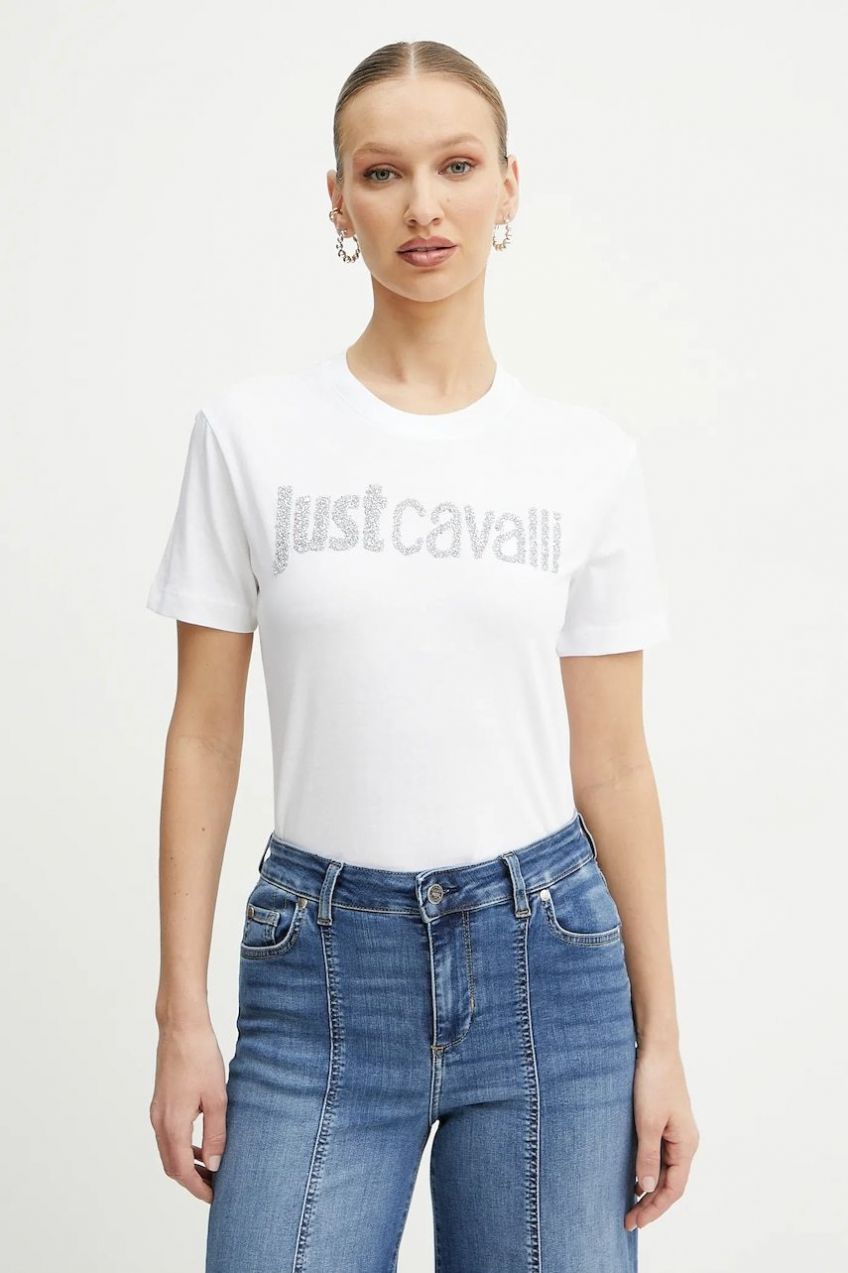 Bavlnené tričko Just Cavalli dámske, biela farba, 78PAHE12 CJ110