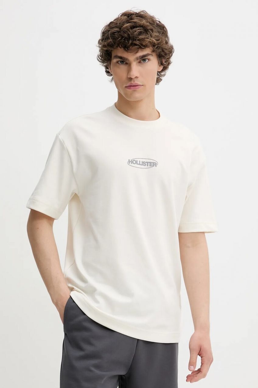 Tričko Hollister Co. pánske, béžová farba, s nášivkou, KI323-5272