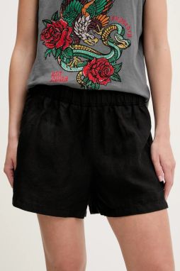 Ľanové šortky Superdry čierna farba, jednofarebná, vysoký pás, W7110450A-02A