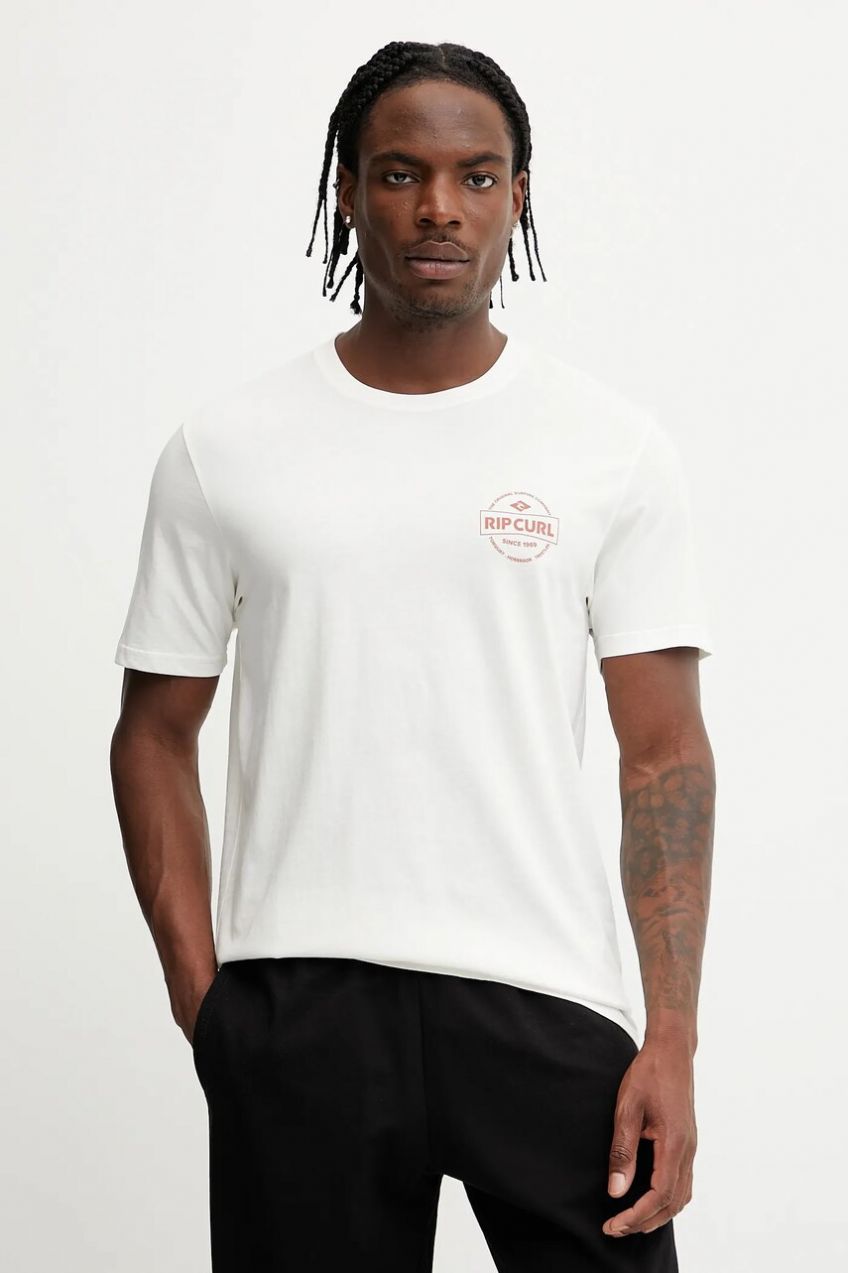 Bavlnené tričko Rip Curl pánske, béžová farba, s potlačou, 0MKMTE
