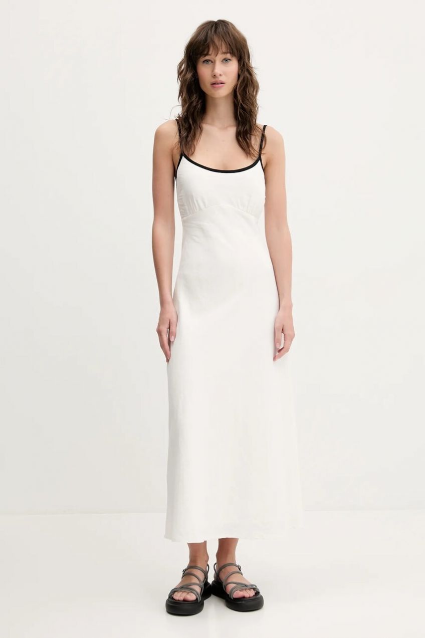 Ľanové šaty Hollister Co. béžová farba, maxi, rovný strih, KI359-5049