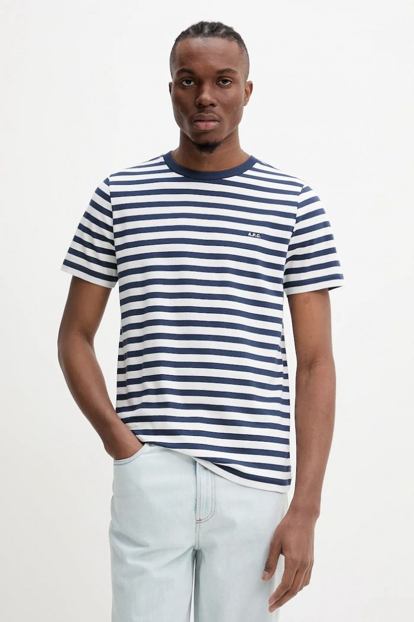 Bavlnené tričko A.P.C. t-shirt standard apc brode raye pánske, tmavomodrá farba, vzorovaná, COHBZ.M26419