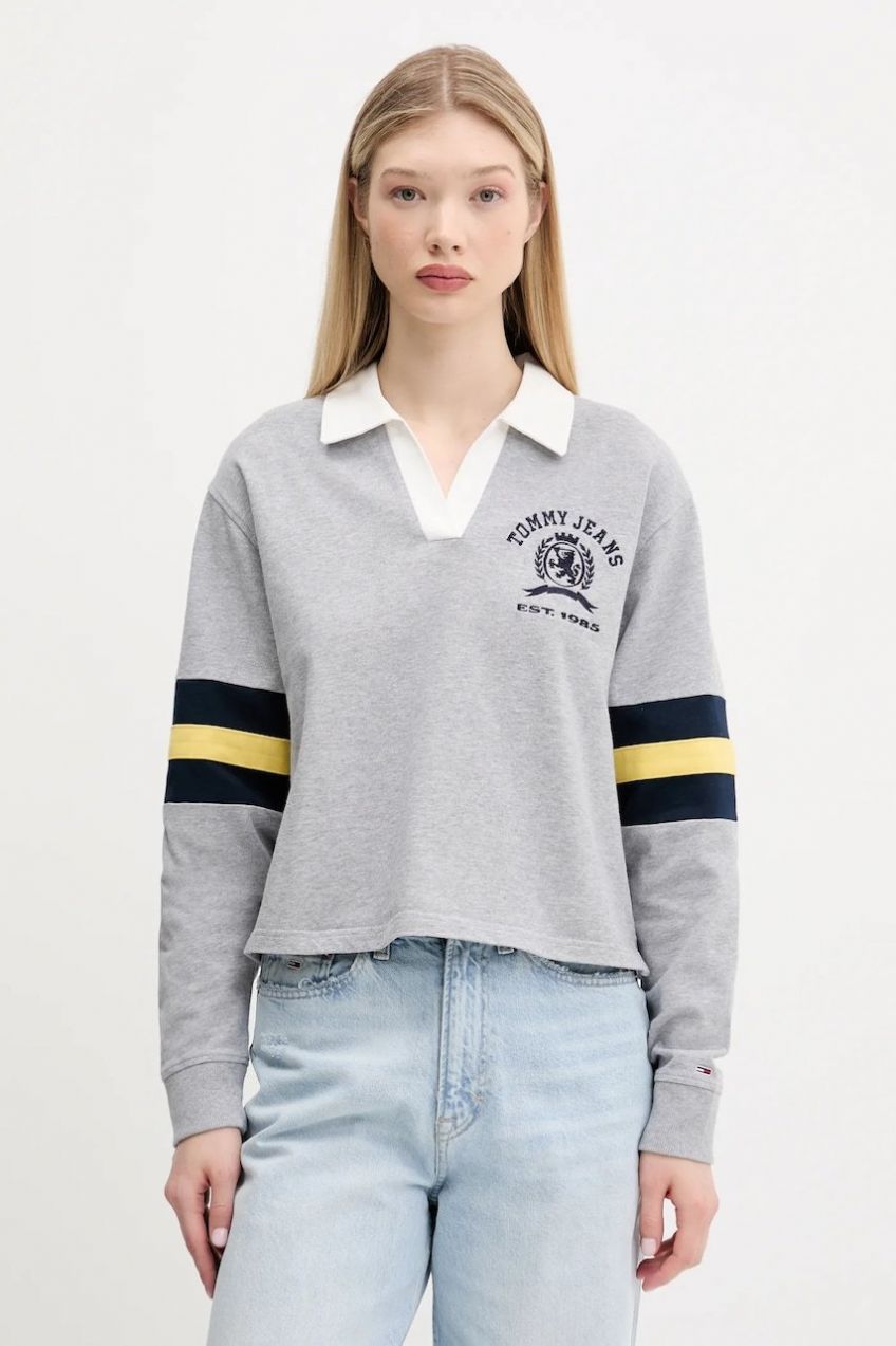 Detská bavlnená mikina Tommy Jeans šedá farba, s nášivkou, DW0DW20312