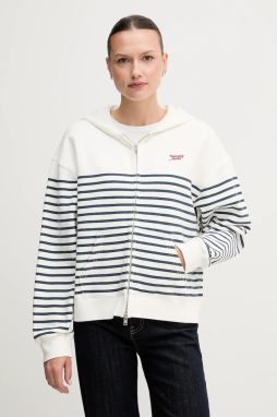 Bavlnená mikina Tommy Jeans biela farba, s kapucňou, vzorovaná, DW0DW20303
