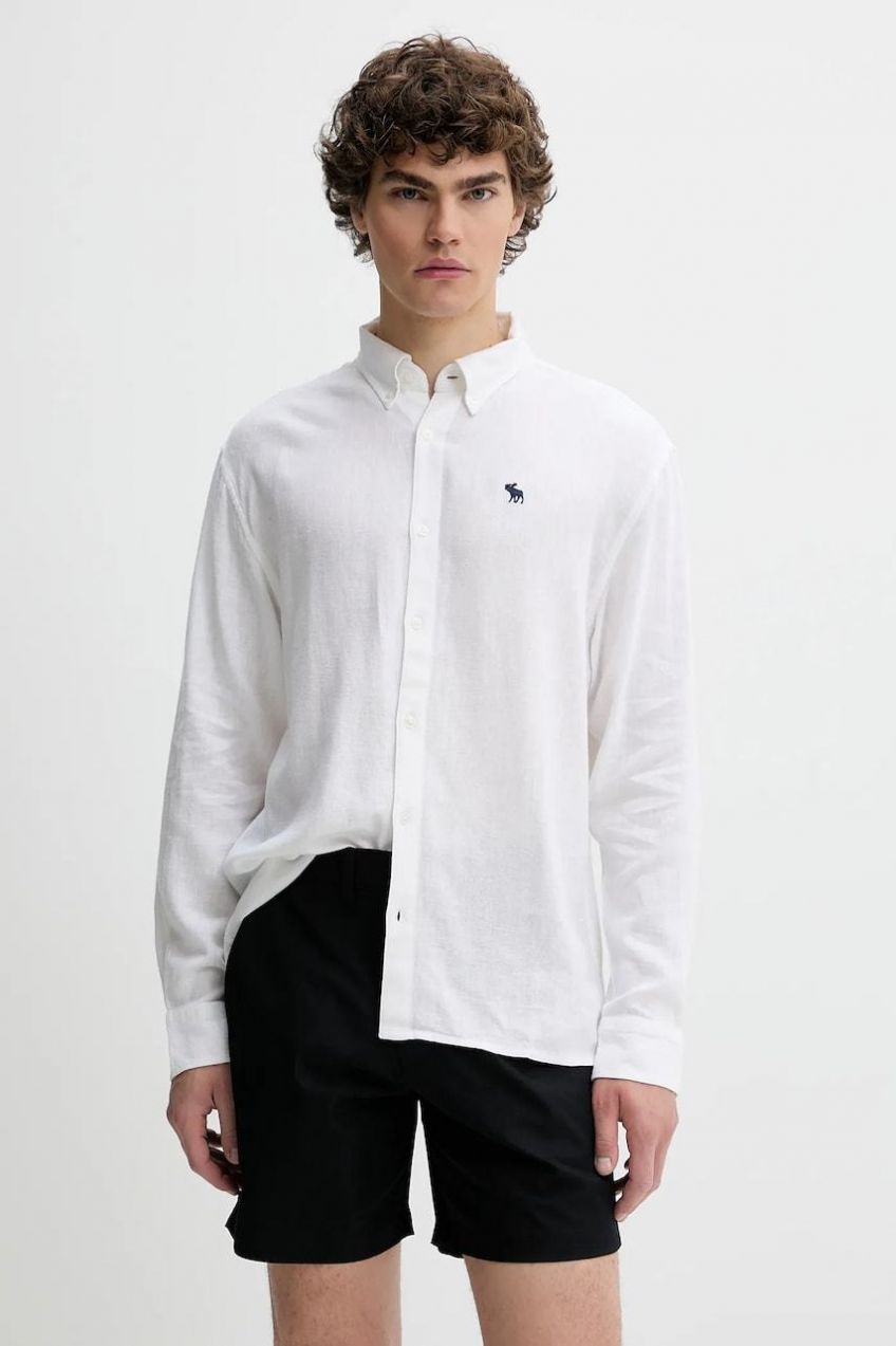 Ľanová košeľa Abercrombie & Fitch biela farba, regular, s golierom button-down, KI125-5085