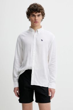 Ľanová košeľa Abercrombie & Fitch biela farba, regular, s golierom button-down, KI125-5085