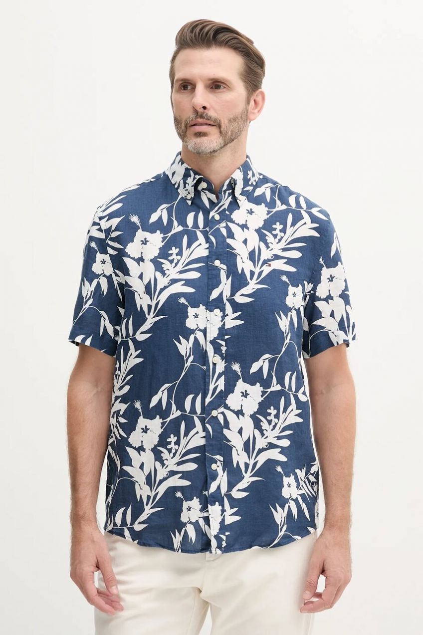 Ľanová košeľa Tommy Hilfiger tmavomodrá farba, regular, s golierom button-down, MW0MW38586