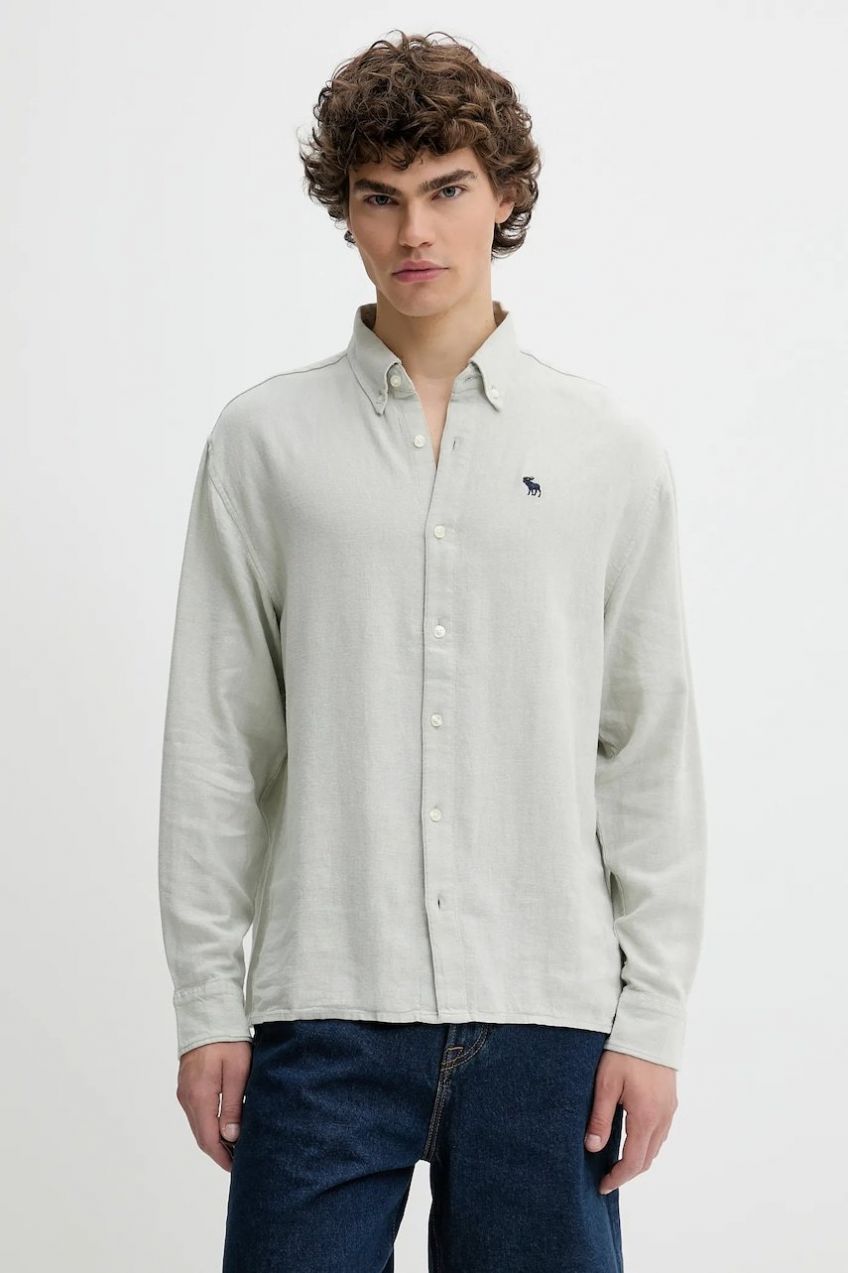 Ľanová košeľa Abercrombie & Fitch šedá farba, regular, s golierom button-down, KI125-5085