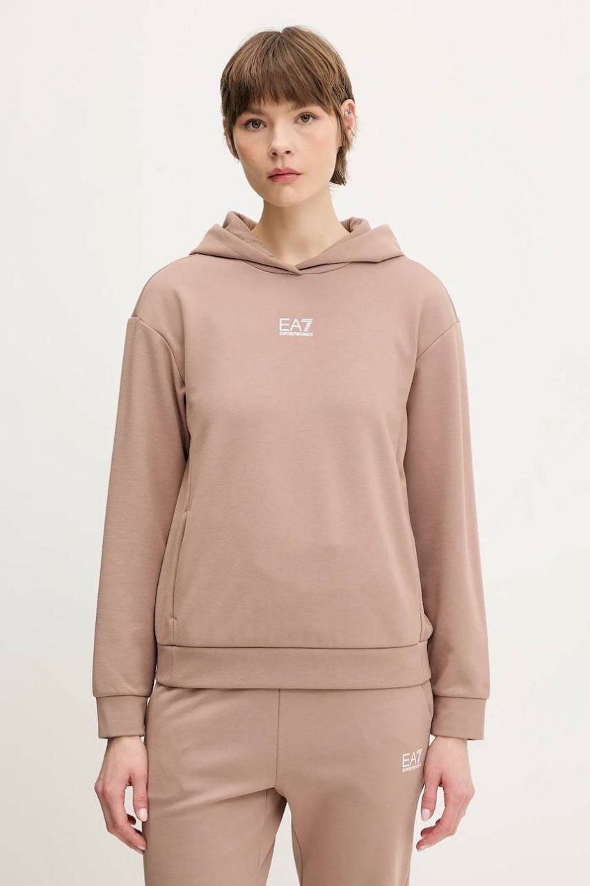 Mikina EA7 Emporio Armani hnedá farba, s kapucňou, s potlačou, AF10443.7W000074