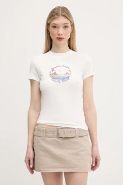 Bavlnené tričko Tommy Jeans dámske, biela farba, DW0DW21342
