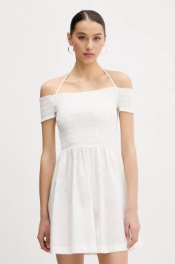 Bavlnené šaty Tommy Jeans biela farba, mini, áčkový strih, DW0DW20343